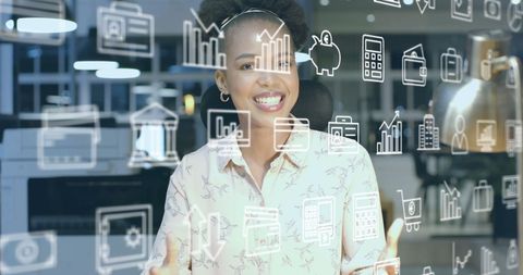 Smiling Businesswoman Navigating Virtual Icons and Data Analysis