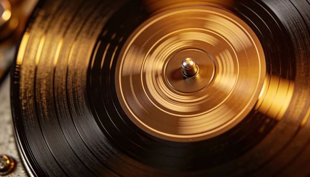 Rotating vinyl record with warm golden glow on vintage turntable close-up macro