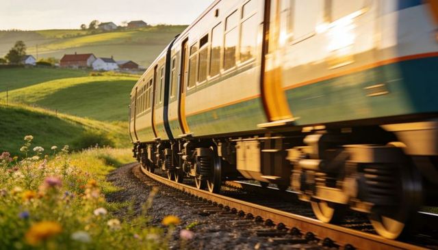 Sunlit passenger train curving through rolling green hills at golden hour featuring wildflowers