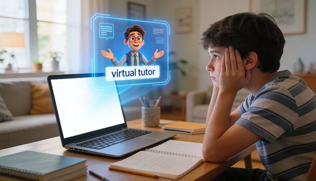 Boy Studying with Holographic Virtual Tutor on Laptop at Home for Remote Learning