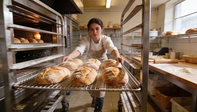 Female Baker Pulling Fresh Sourdough Loaves on Rolling Rack in Artisan Bakery Kitchen