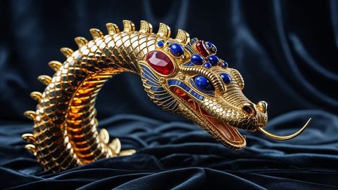 Golden Dragon Sculpture with Gemstones on Luxurious Fabric