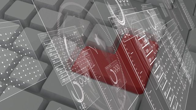 This video shows digital data processing elements superimposed over a keyboard background, providing a visual representation of modern technology and data analysis. Ideal for use in technology blogs, financial websites, presentations on digital transformation, or educational materials on data analytics and programming.