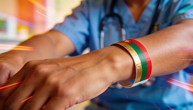 Nurse wearing gold cuff and red green striped wristband with stethoscope close-up clinical