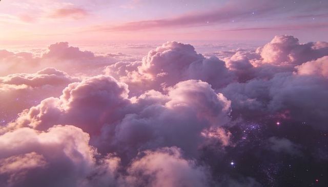 Pastel Cumulus Sea at Sunrise with Sparkling Celestial Glow and Dreamy Aerial Depth