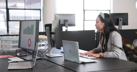 Young Professional Analyzing Business Data on Computer Screens in Modern Office
