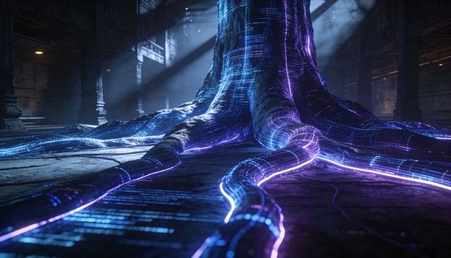 Technoorganic trunk sending glowing circuitry tendrils across cracked cathedral floor