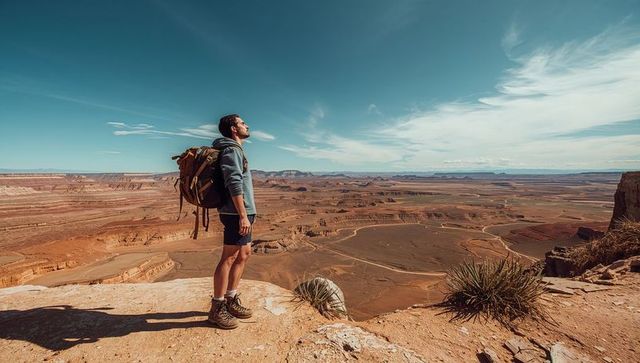 Lone hiker standing on canyon rim gazing across vast high desert red rock panorama