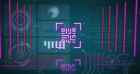 Futuristic digital interface with neon qr code and hud graphics