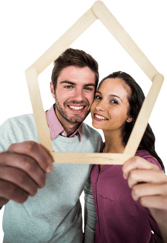 Smiling transparent couple holding house shape photoframe