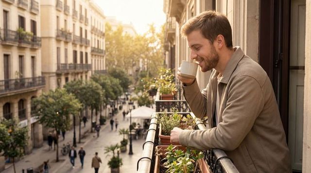 Young man enjoying morning coffee on sunlit balcony overlooking busy european street