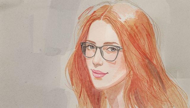 Contemporary Watercolor Portrait of Red-Haired Woman with Glasses