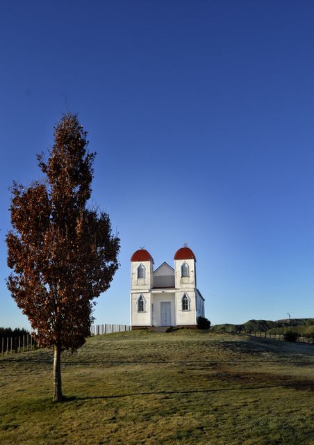 Traditional white church building with distinctive red roof located in tranquil countryside. An autumn tree stands beside the church on a grassy knoll against a clear blue sky backdrop. Ideal for concepts of solitude, spirituality, rural life, and scenic landscapes. Perfect for travel brochures, religious publications, and nature blogs.