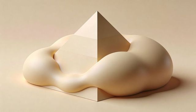 Contrasting faceted pyramid blending with soft amorphous blob in warm beige sculpture