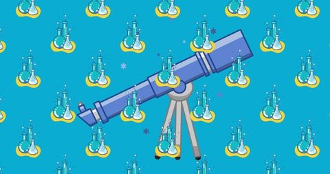 Digital telescope with chemistry icons on blue