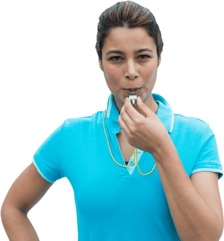 Transparent sportswoman blowing whistle in blue shirt isolated