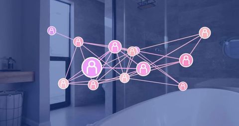 Floating smart home user network overlay across modern bathroom with freestanding bathtub