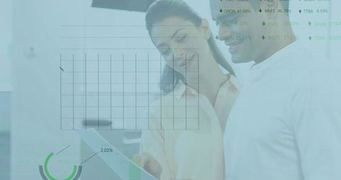 Business Team Reviewing Tablet with Analytics Overlay and Rising Stock Tickers for Insights