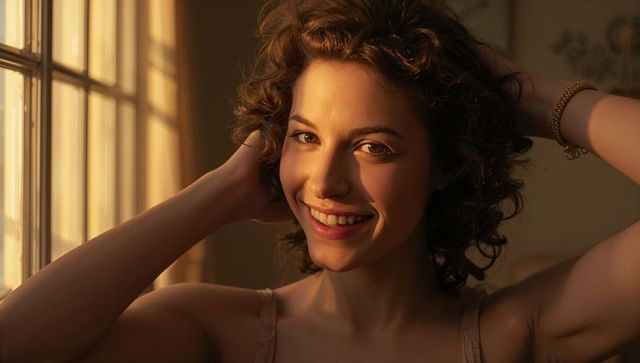 Smiling woman posing in golden window light, curly hair, warm intimate portrait
