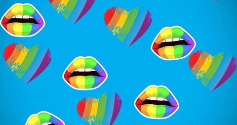 Vibrant rainbow lips and hearts on blue background