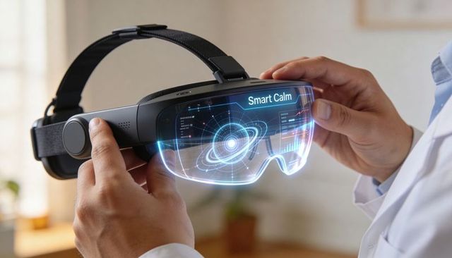 Researcher adjusting ar headset displaying smart calm holographic interface for wellness
