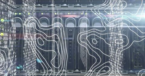 Futuristic server room with digital flow overlay