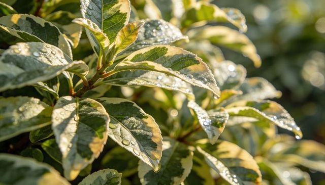 Glistening variegated shrub leaves catching warm morning sunlight and dew