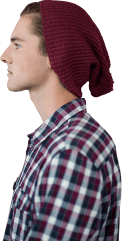 Profile of Stylish Young Man in Transparent Red Beanie