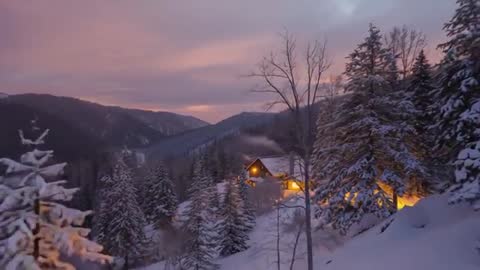 Drone approaching snow-covered alpine cabin at dusk with glowing windows and chimney smoke