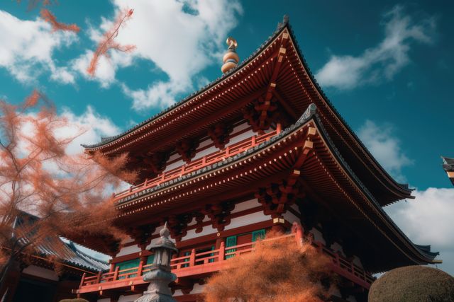 Japanese temple with oriental pattern over sky with clouds, created using generative ai technology. Architecture, culture, religion and tradition concept digitally generated image.