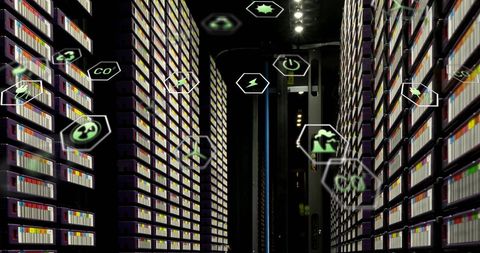 ecology icons overlay in modern server room illuminated - Download Free Stock Images Pikwizard.com