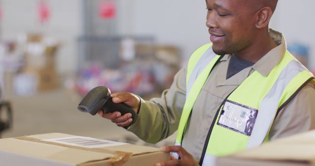Warehouse worker wearing safety vest scanning a barcode on a package in a logistics area. Shows use of technology in inventory management and shipping. Suitable for articles on warehouse operations, logistics technology, and supply chain efficiency.