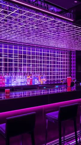 Panning Vertical Neon Bar LED Grid Backlit Bottles Glossy Bartop Reflections