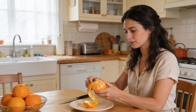 Woman peeling orange at sunlit farmhouse kitchen table for healthy breakfast and snack