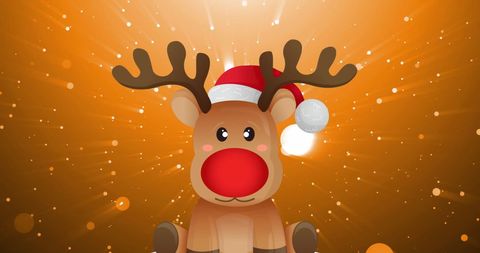Festive Cartoon Reindeer with Santa Hat on Gold Background