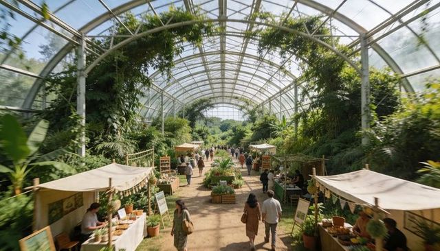 Tropical conservatory market under glass canopy, canvas stalls and strolling shoppers