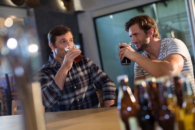 Male friends drinking beer while sitting at bar counter