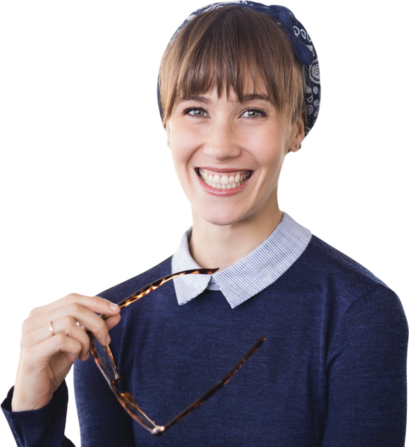 Transparent background portrait of happy woman holding eyeglasses wearing headband - Download Free Stock Videos Pikwizard.com