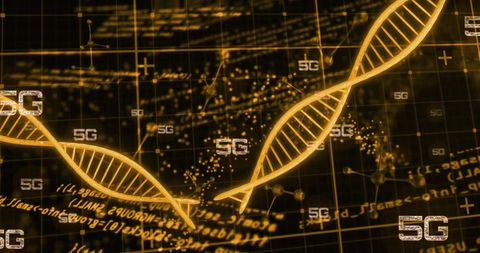 Dna helix and 5g concept with digital data patterns