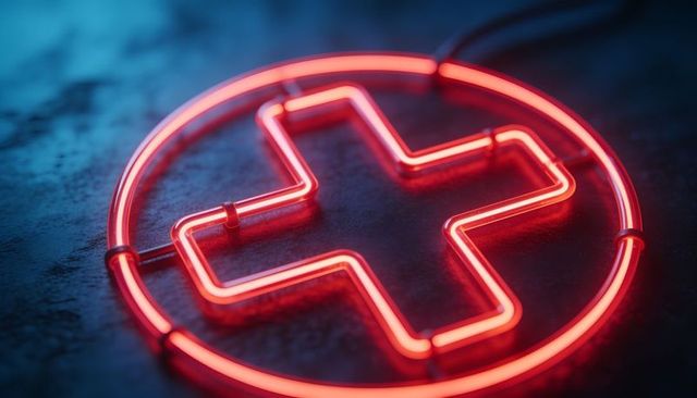 Glowing red neon medical cross in circular frame on dark moody surface with blue rim light