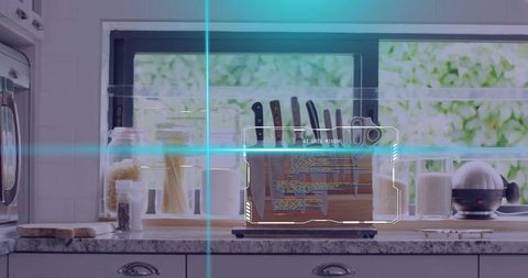 Ai scanning smart knife block with data mining hud on modern minimalist kitchen counter
