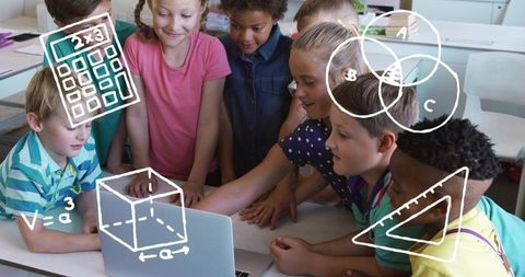 Elementary students gathering around laptop learning math with illustrated diagrams