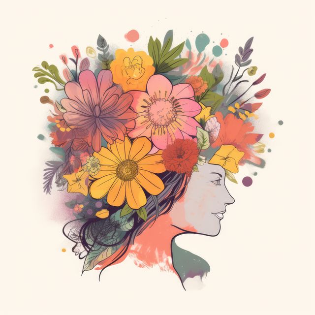 Happy woman with colourful flowers on head, created using generative ai technology. Mental, health, brain, digitally generated image.
