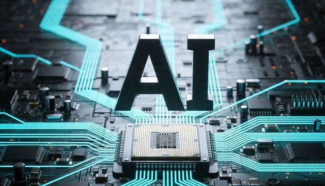 Glowing ai letters hovering above central microchip with cyan neon circuit traces