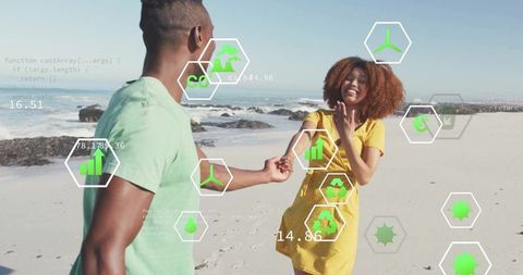 Romantic Couple Walking Beach with AR Environmental Interface