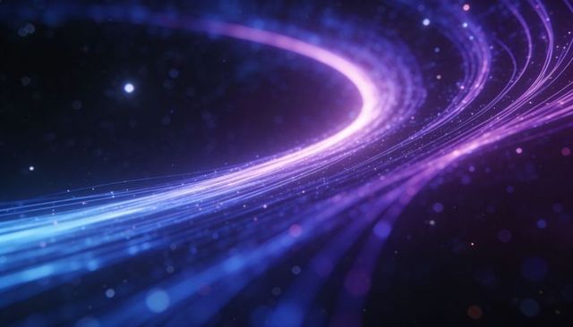 Neon ribbon of light curving through cosmic tunnel with particles and bokeh