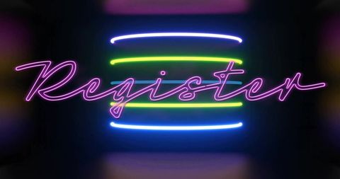 Glowing neon register script sign with cyan and green light bars and floor sheen
