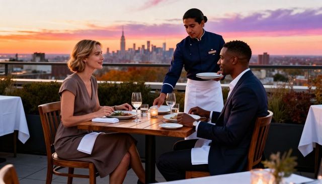 Romantic rooftop candlelight dinner at sunset with waiter serving couple and city skyline