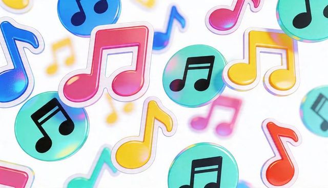 Holographic music note stickers floating on white background, glossy colorful decals