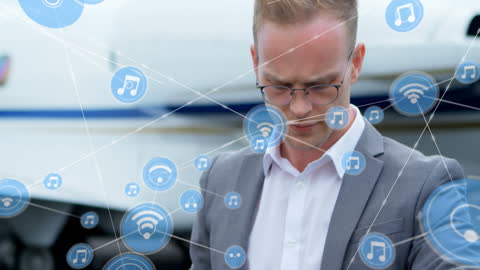 Businessman Problem Solving with Music Streaming Icons Overlay